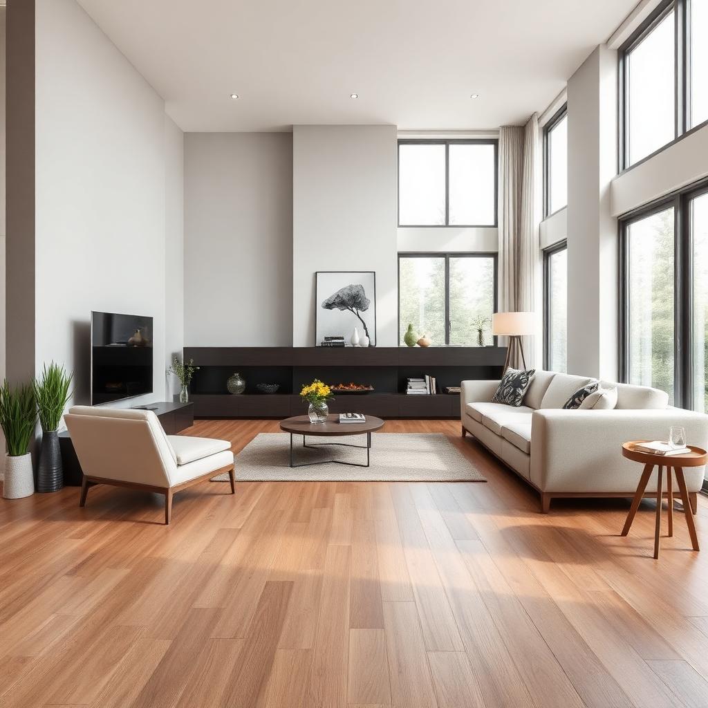 Salon avec carrelage effet bois
