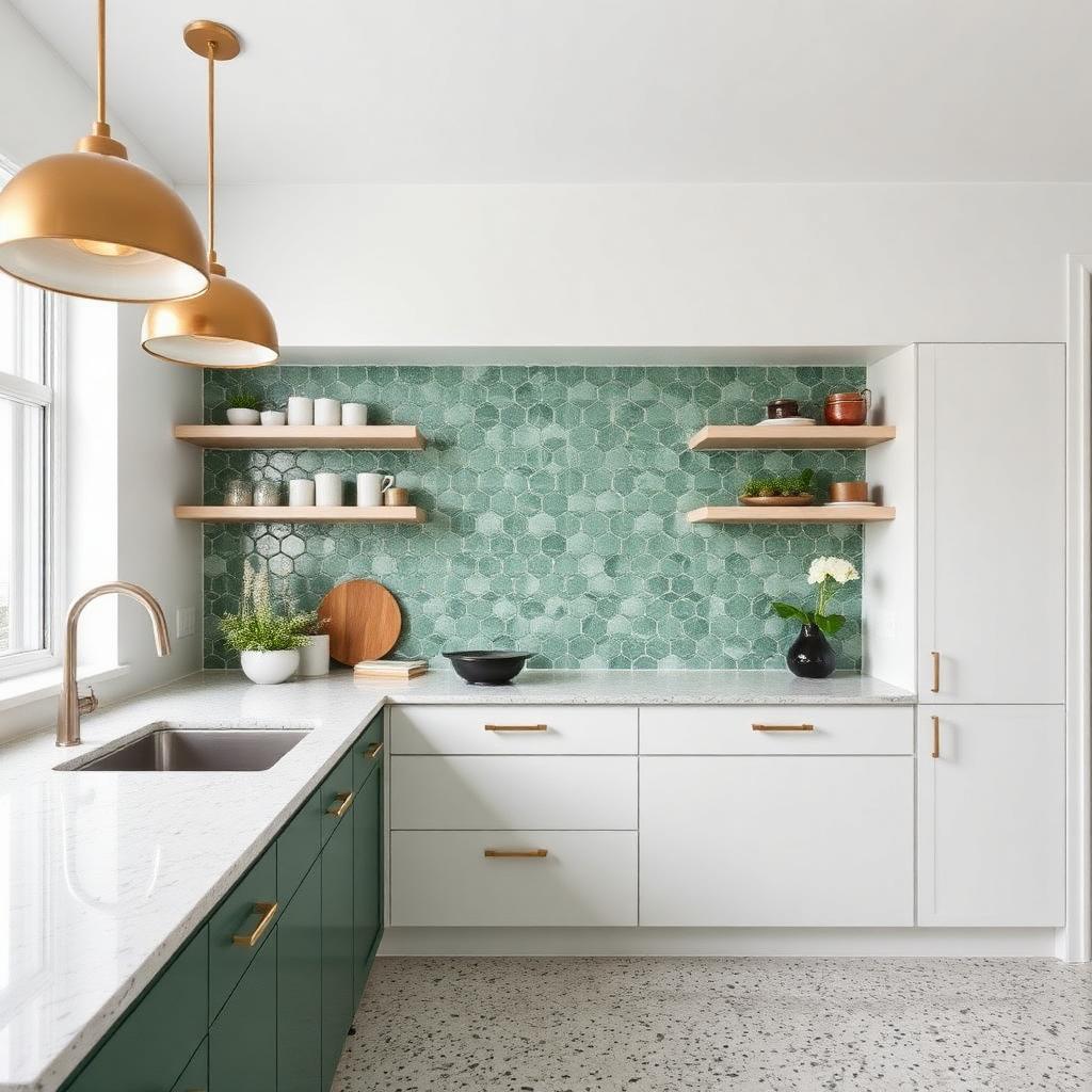 Cuisine rénovée avec mosaïque verte